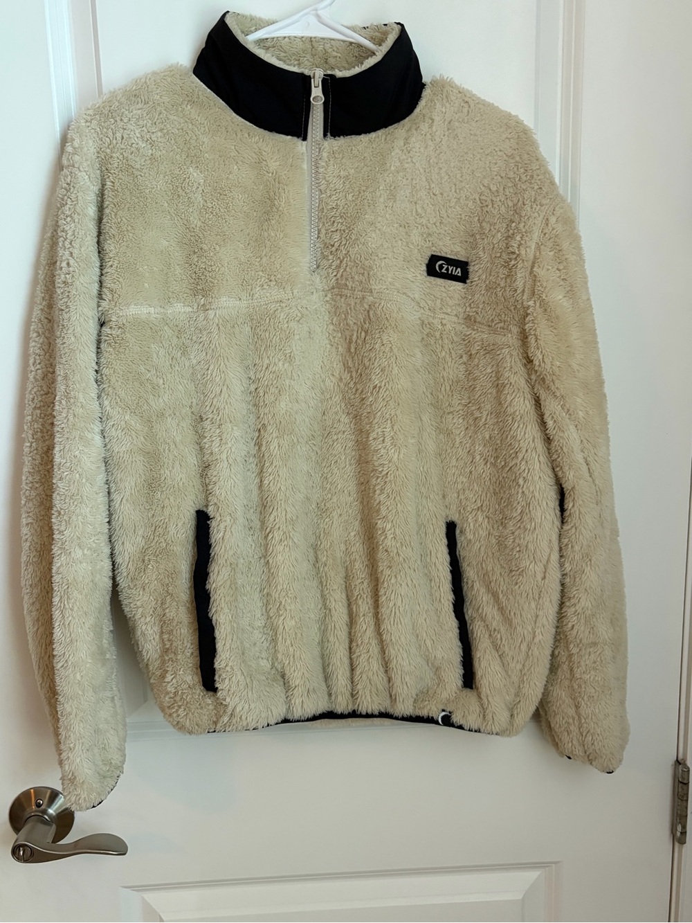 Zyia Cream Sherpa Half-Zip Pullover with Black Trim